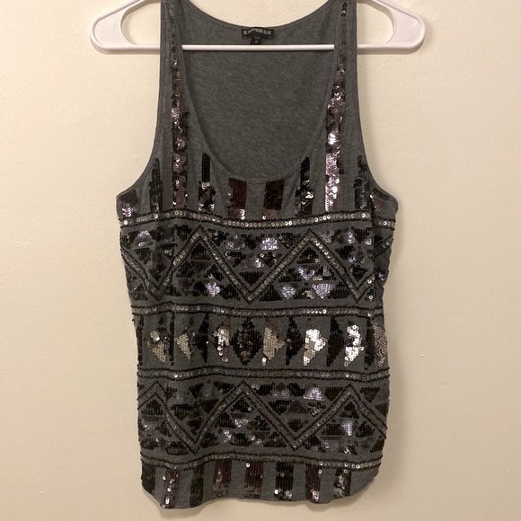 Express Tops - Medium Express Black Silver Gray Geometric Pattern Sequins Sleeveless Top
